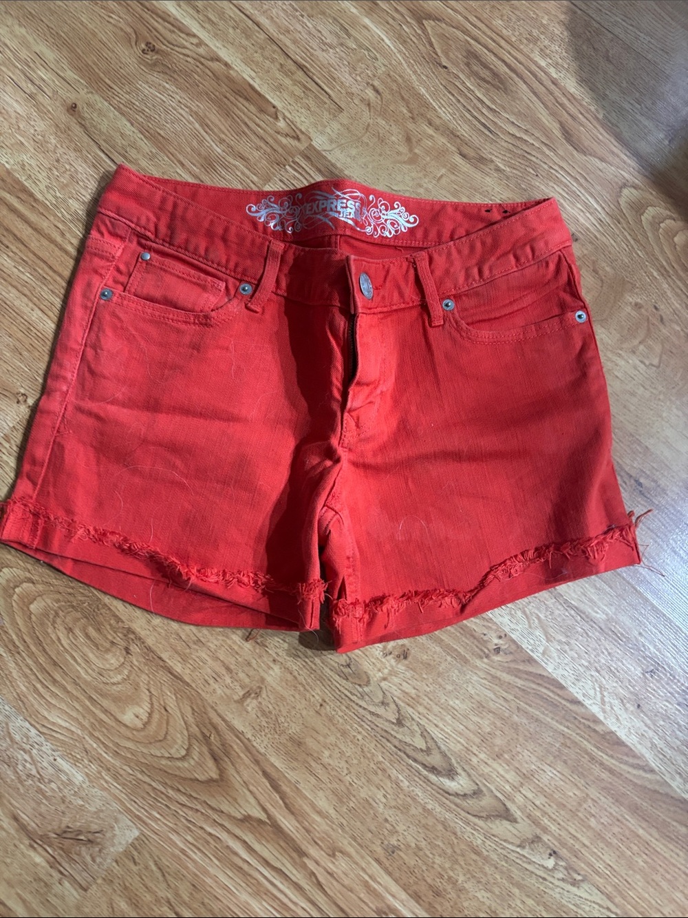 Express Women's Bright Red Frayed Hem Jean Shorts